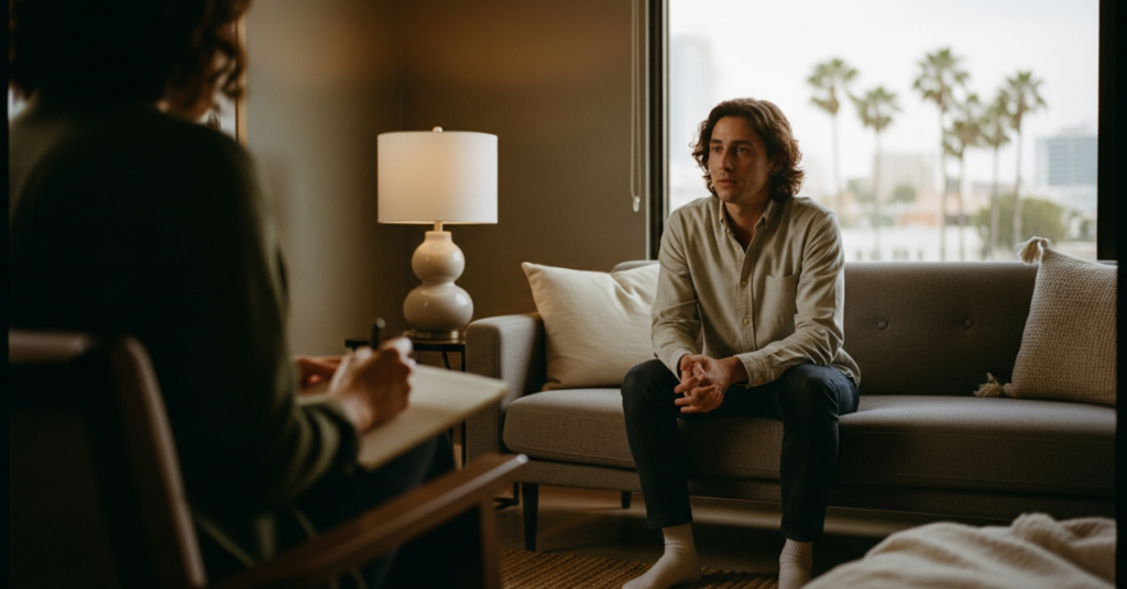 sober man sitting on couch in therapy as part of iop programs